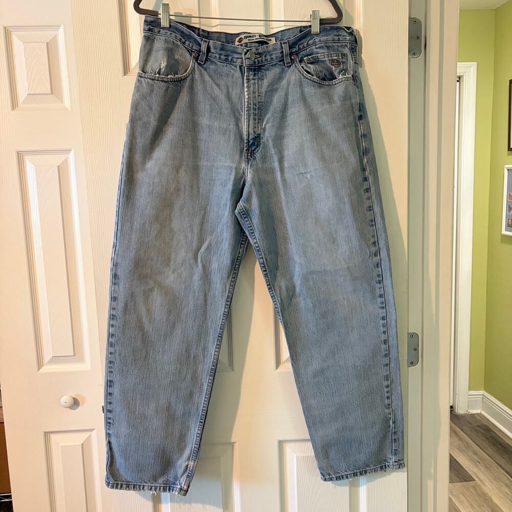 Harley-Davidson MotorClothes Jeans 38x30 Light Wash Distressed Moto Biker Denim
